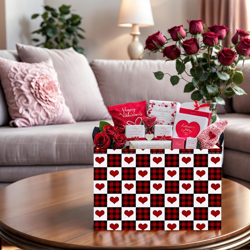 SETAMA Cute Large Valentine's Day Gift Basket Empty Heart Decor Storage Bin for Kid Baby Room Décor (Deep Red Black Grid) - Image 5